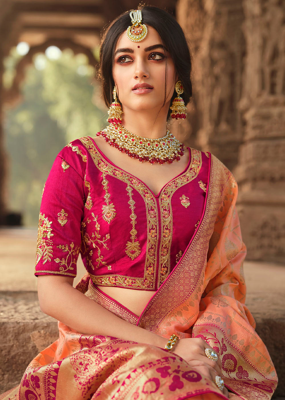 Buy MySilkLove Tan Peach Pink Designer Banarasi Silk Saree with Embroidered Blouse Online