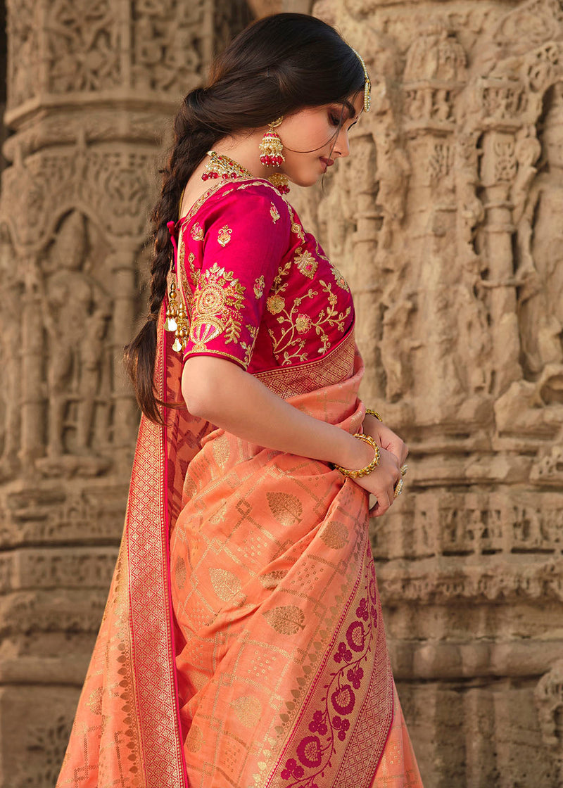 Tan Peach Pink Designer Banarasi Silk Saree with Embroidered Blouse