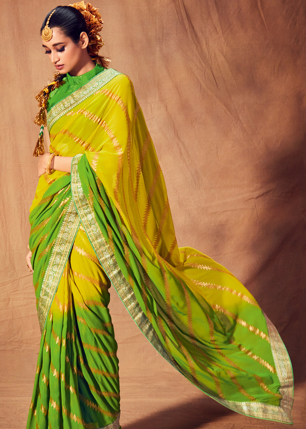 Buy MySilkLove Gold Tips Yellow and Green Woven Georgette Silk Saree Online