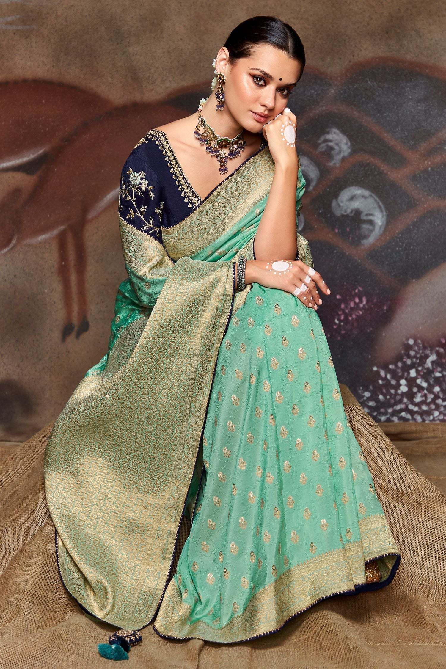 Buy MySilkLove Gum Leaf Blue Woven Banarasi Art Silk Saree Online