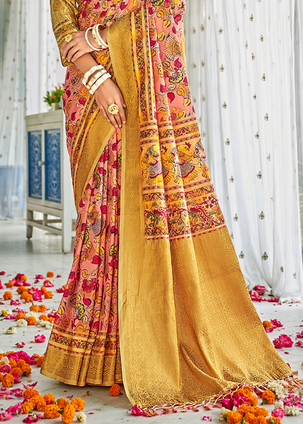 Buy MySilkLove Brandy Punch Yellow Kalamkari Digital Printed Saree Online