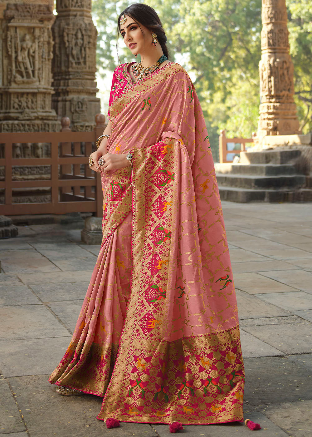 Buy MySilkLove Matrix Peach Designer Banarasi Silk Saree with Embroidered Blouse Online