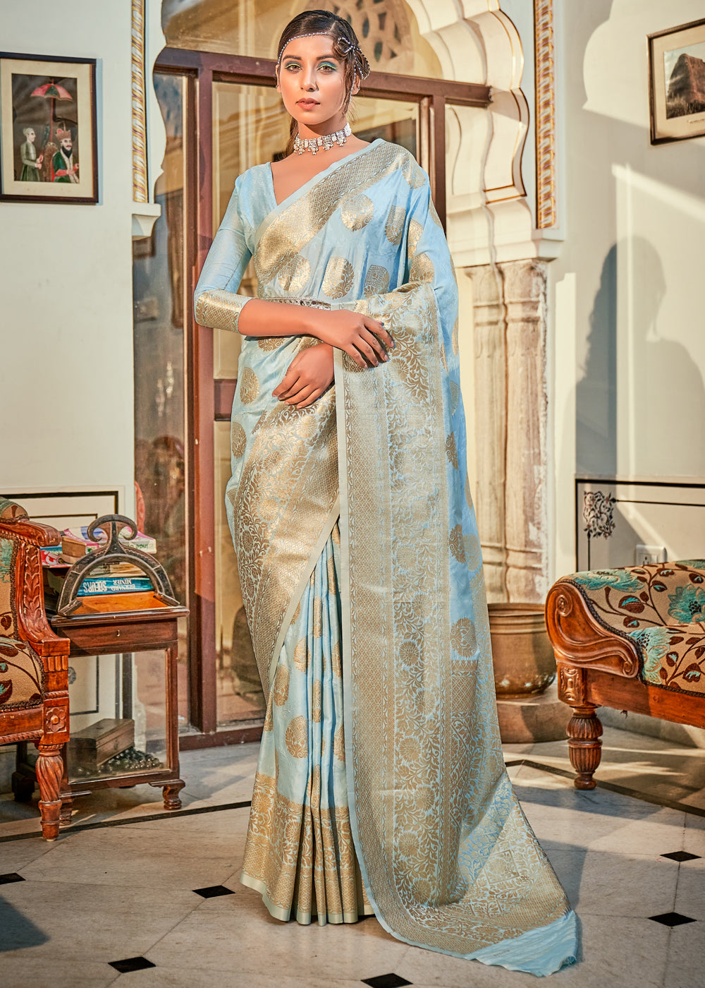 Buy MySilkLove Loblolly Blue Woven Banarasi Silk Saree Online