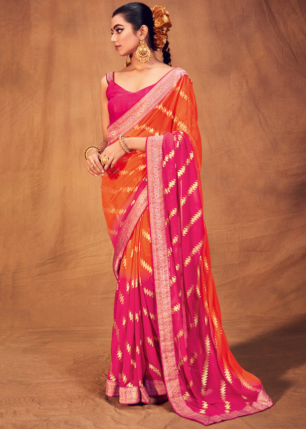 Buy MySilkLove Persimmon Red and Orange Woven Georgette Silk Saree Online