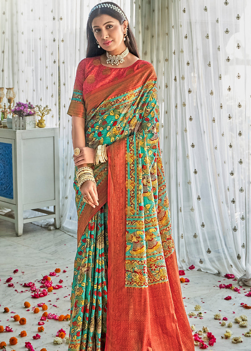 Aqua Green Kalamkari Digital Printed Saree