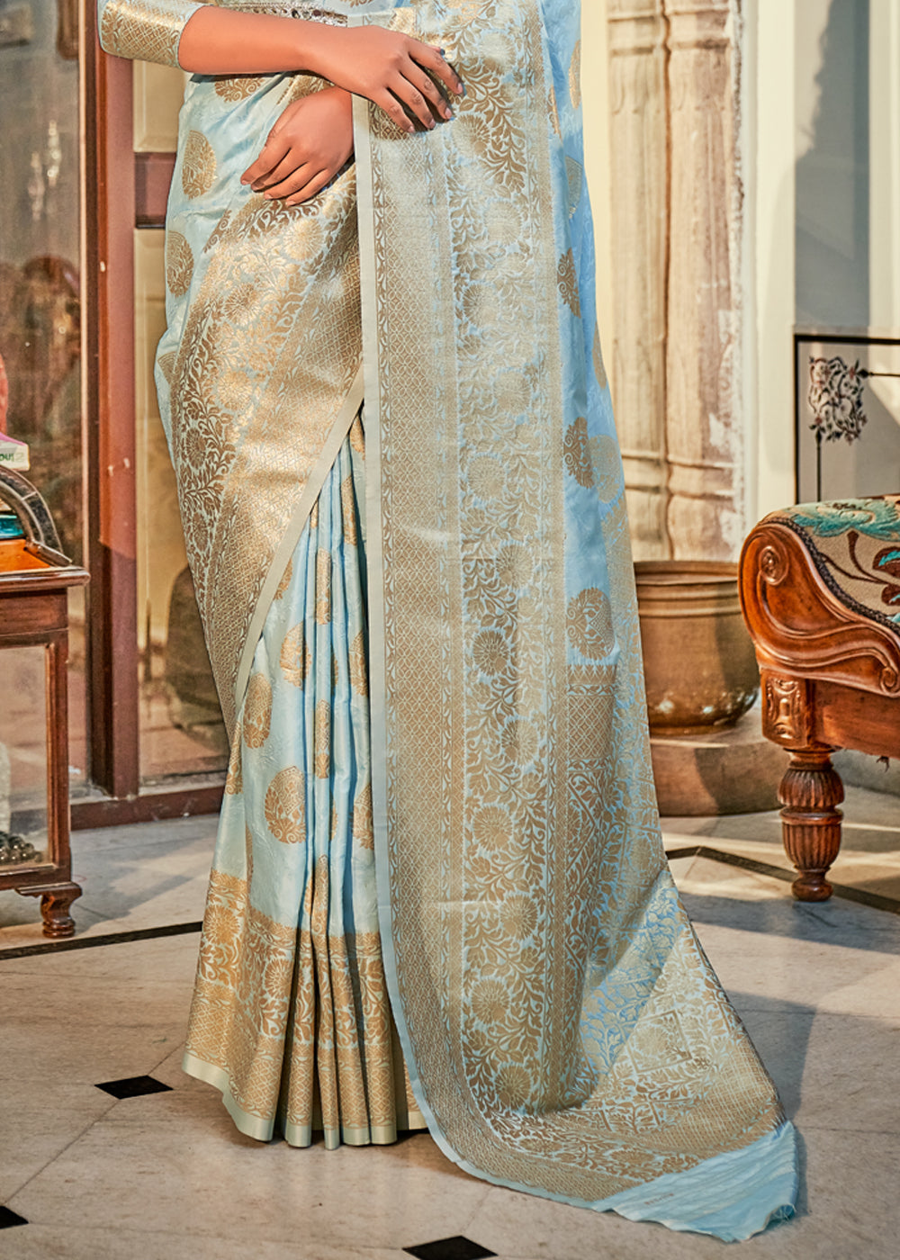 Buy MySilkLove Loblolly Blue Woven Banarasi Silk Saree Online