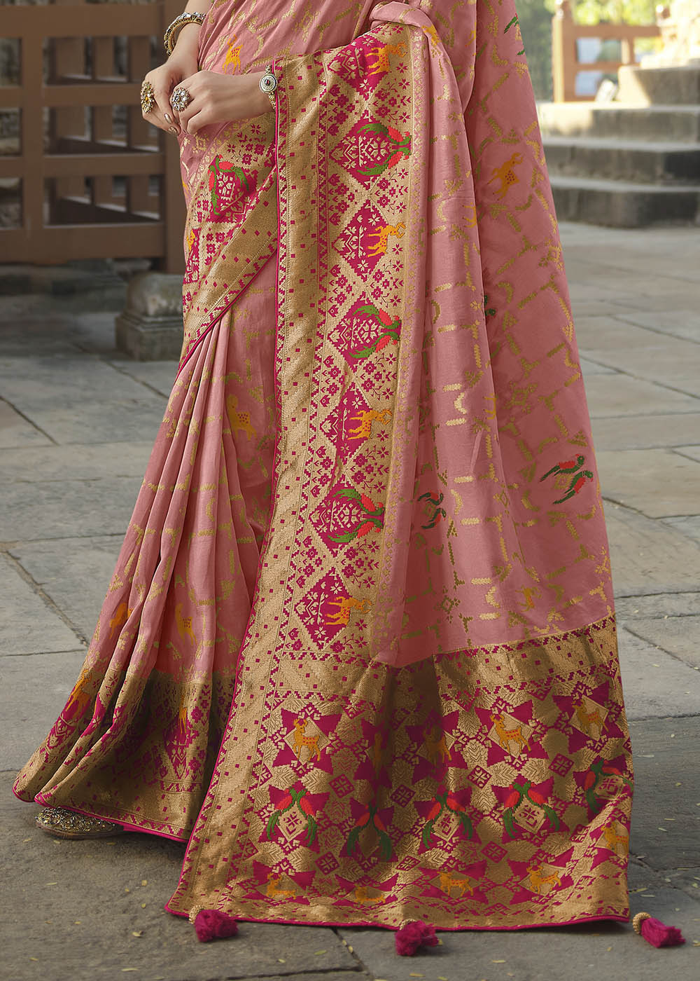 Buy MySilkLove Matrix Peach Designer Banarasi Silk Saree with Embroidered Blouse Online