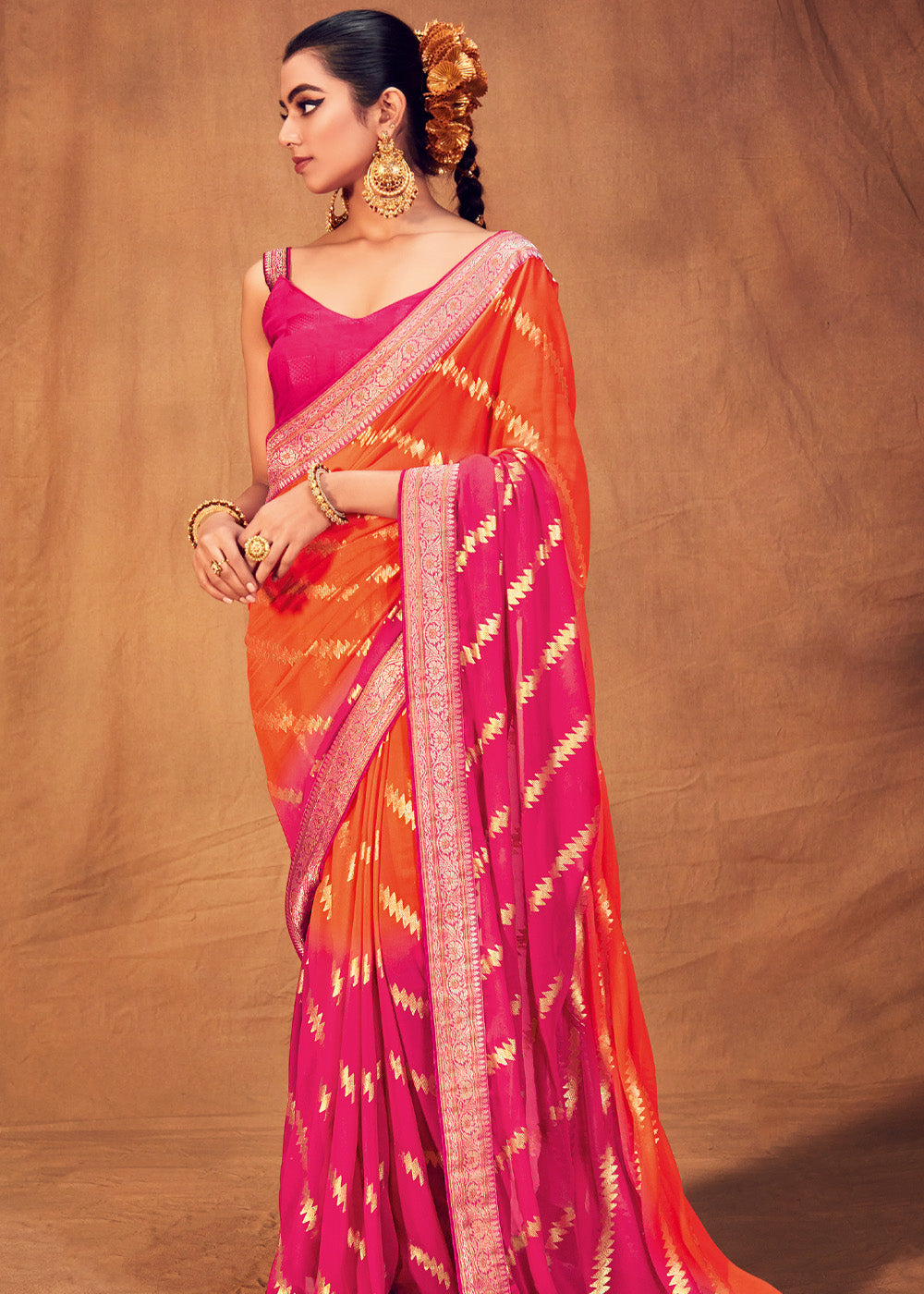 Buy MySilkLove Persimmon Red and Orange Woven Georgette Silk Saree Online