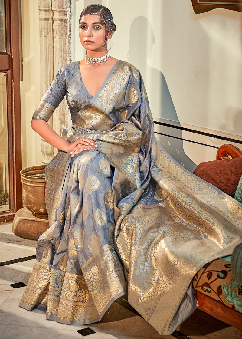 Cement Grey Woven Banarasi Tissue Silk Saree – MySilkLove