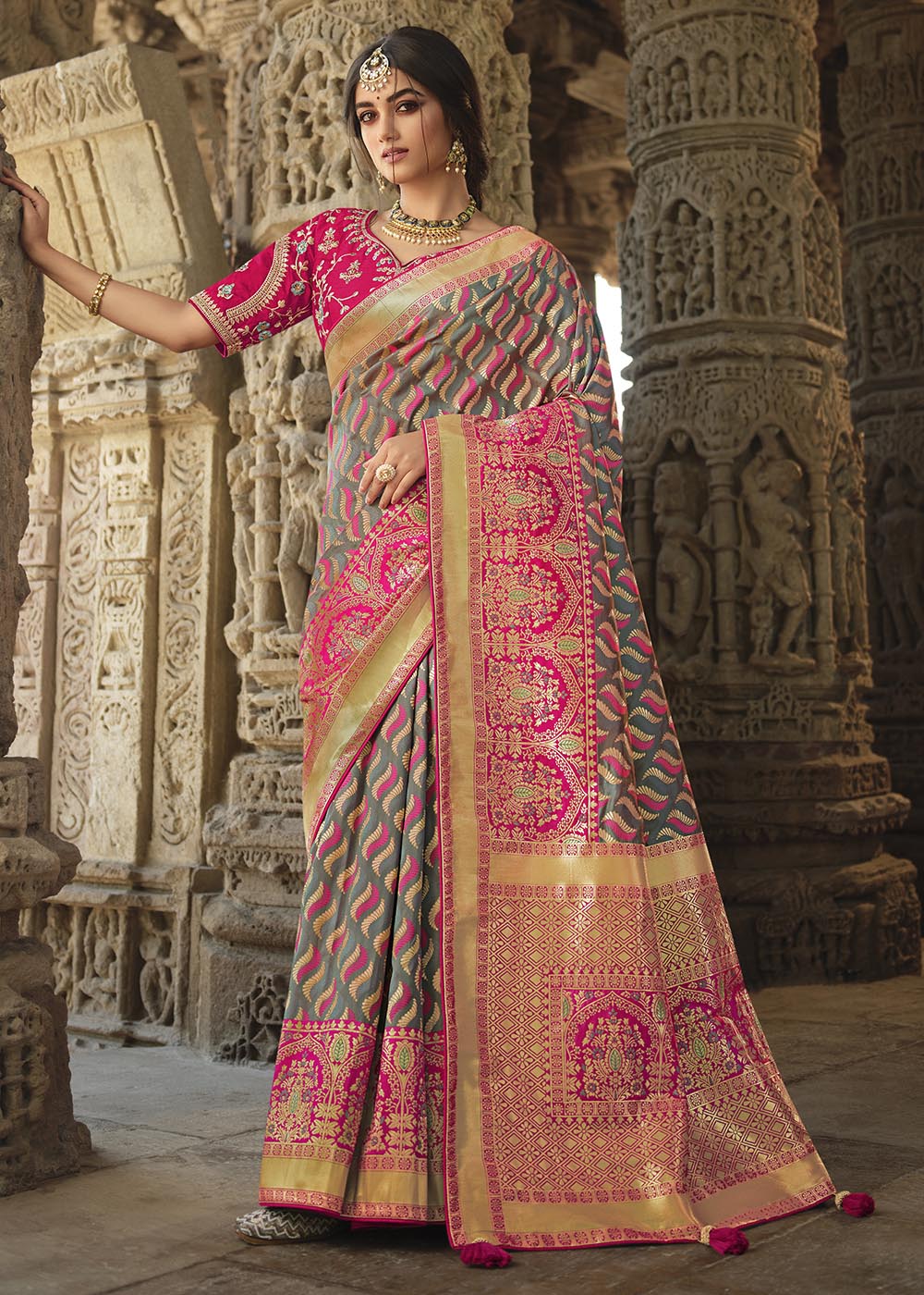 Buy MySilkLove Lemon Grey and Pink Designer Banarasi Silk Saree with Embroidered Blouse Online