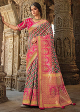 Lemon Grey and Pink Designer Banarasi Silk Saree with Embroidered Blouse