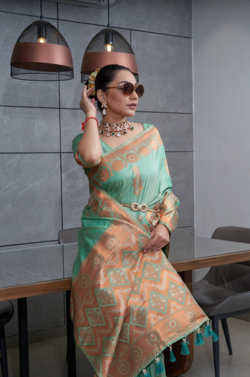 Shadow Green Copper Zari Woven Tussar Silk Saree