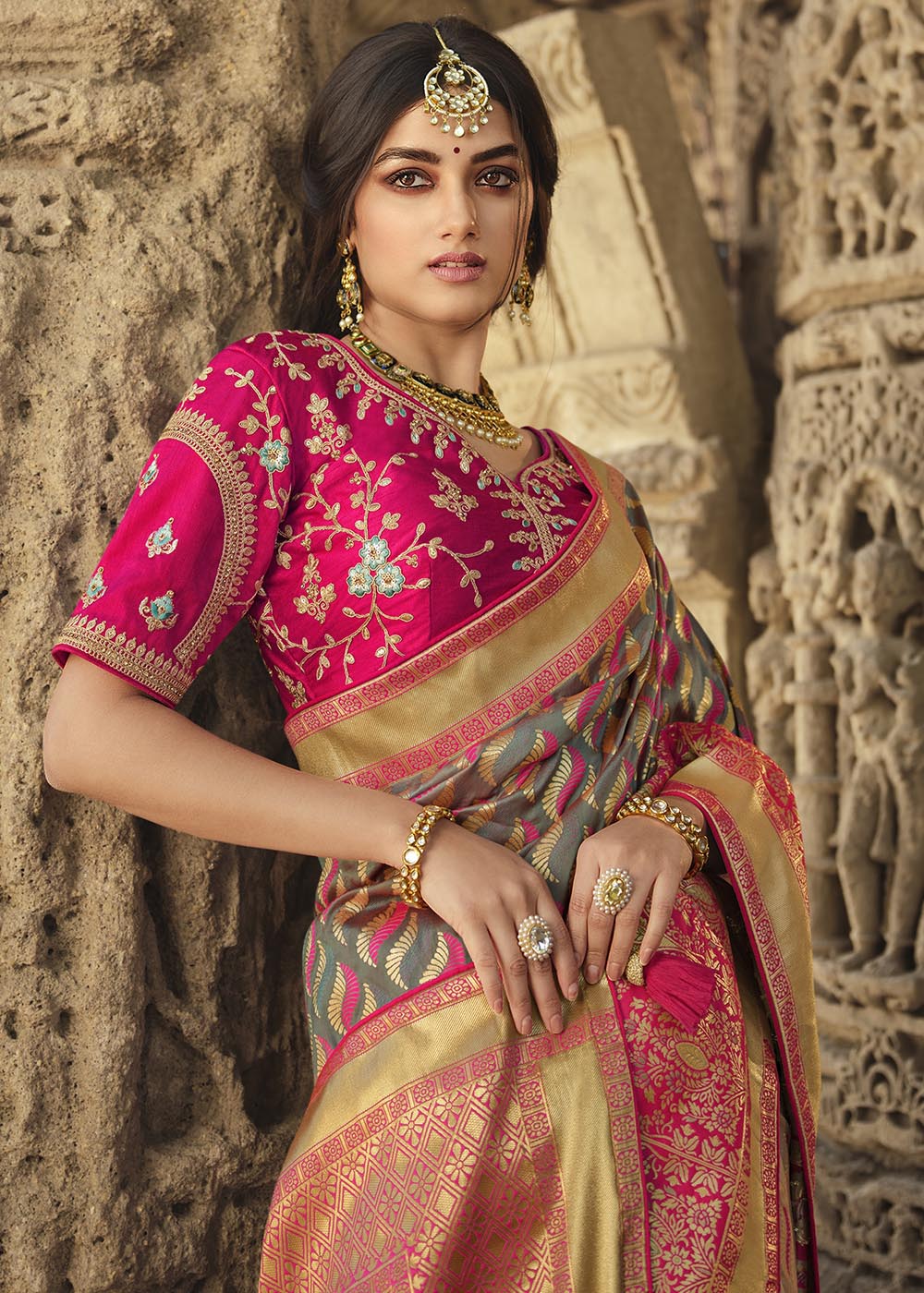 Buy MySilkLove Lemon Grey and Pink Designer Banarasi Silk Saree with Embroidered Blouse Online