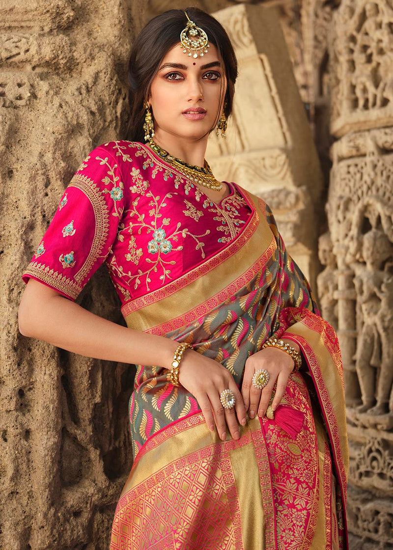 Lemon Grey and Pink Designer Banarasi Silk Saree with Embroidered Blouse