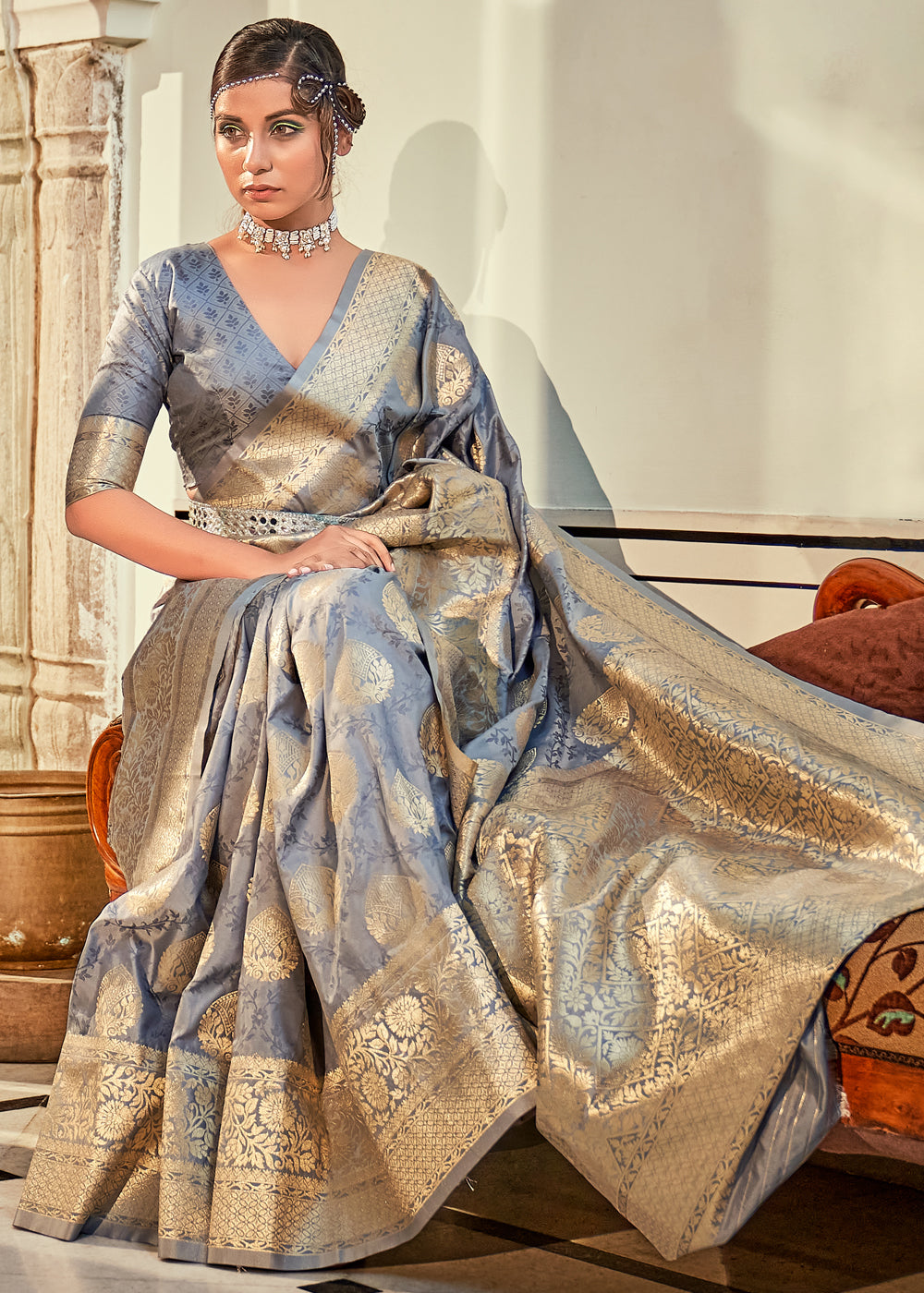 Buy MySilkLove Rolling Stone Grey Woven Banarasi Silk Saree Online