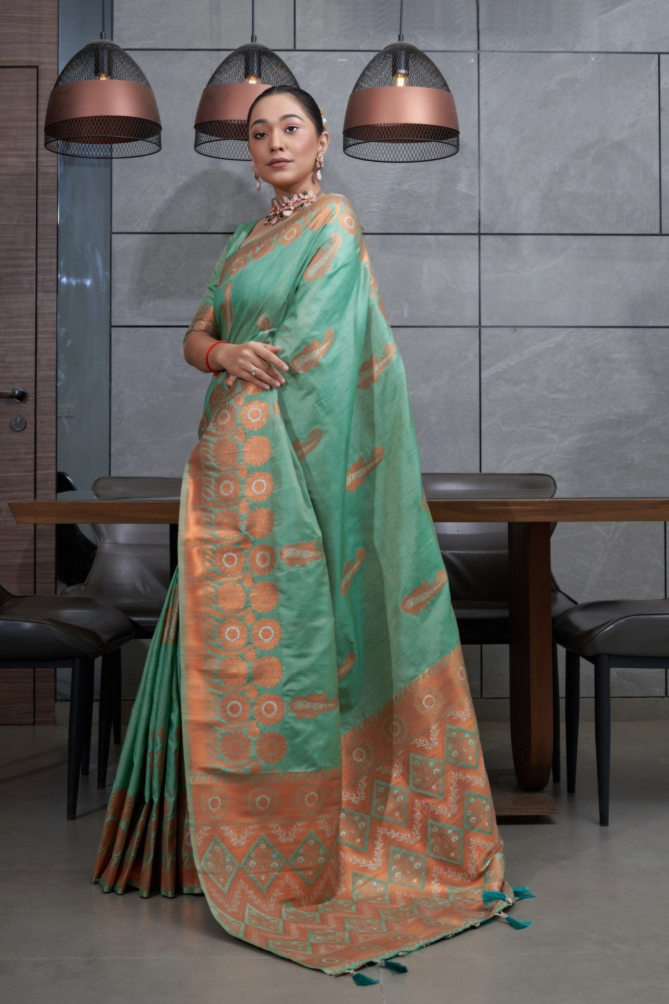 Buy MySilkLove Shadow Green Copper Zari Woven Tussar Silk Saree Online