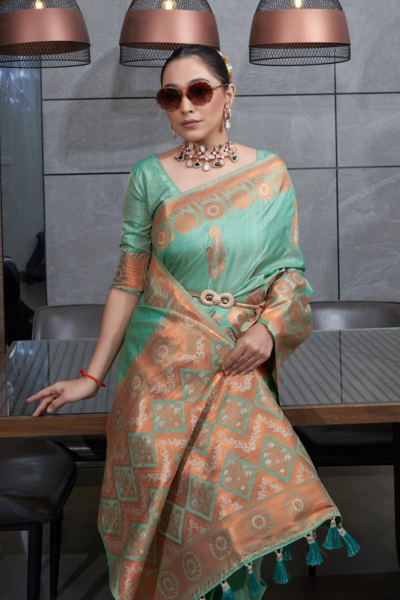 Shadow Green Copper Zari Woven Tussar Silk Saree