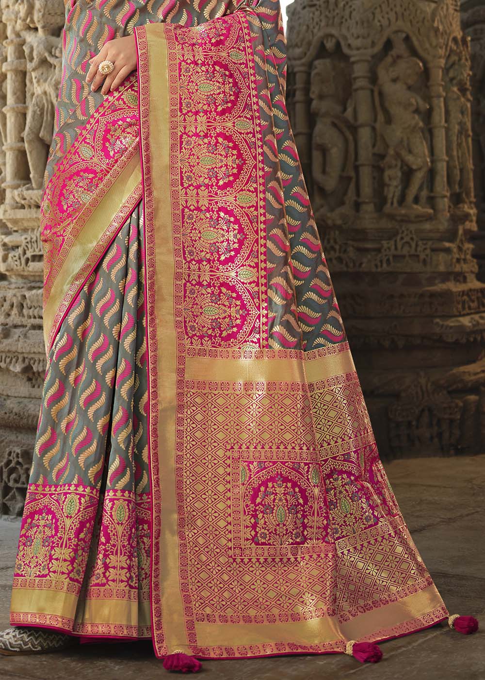 Buy MySilkLove Lemon Grey and Pink Designer Banarasi Silk Saree with Embroidered Blouse Online