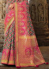 Lemon Grey and Pink Designer Banarasi Silk Saree with Embroidered Blouse