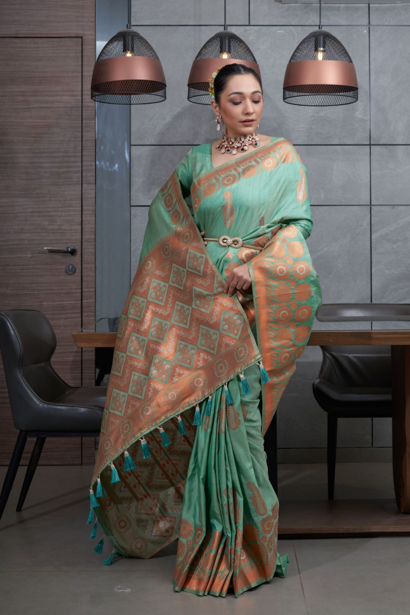 Buy MySilkLove Shadow Green Copper Zari Woven Tussar Silk Saree Online