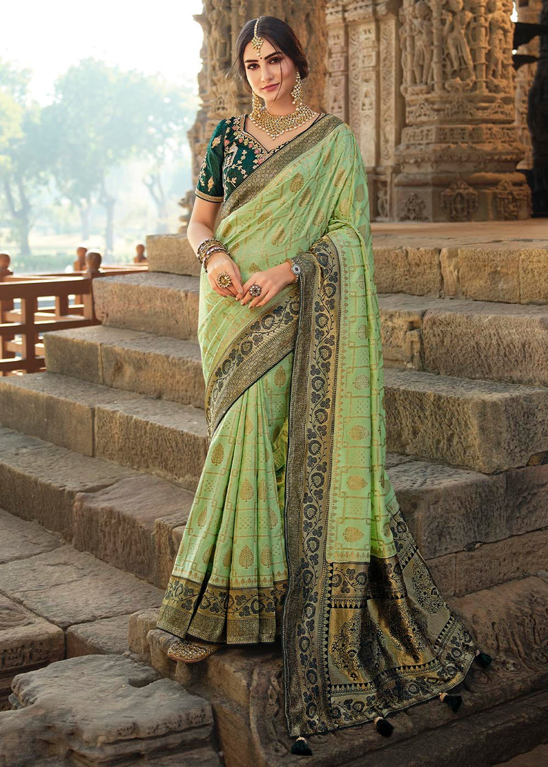 Green Smoke Designer Banarasi Silk Saree with Embroidered Blouse