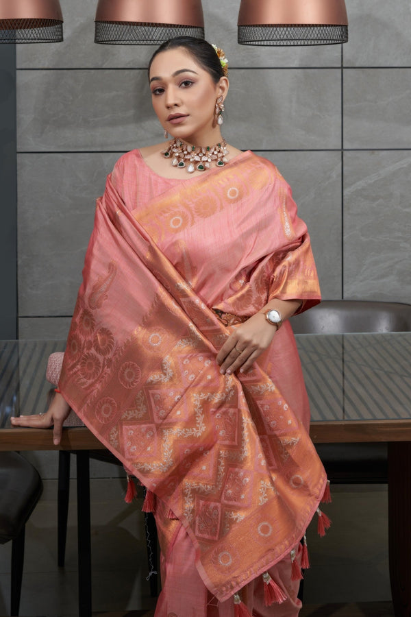 Tonys Pink Copper Zari Woven Tussar Silk Saree