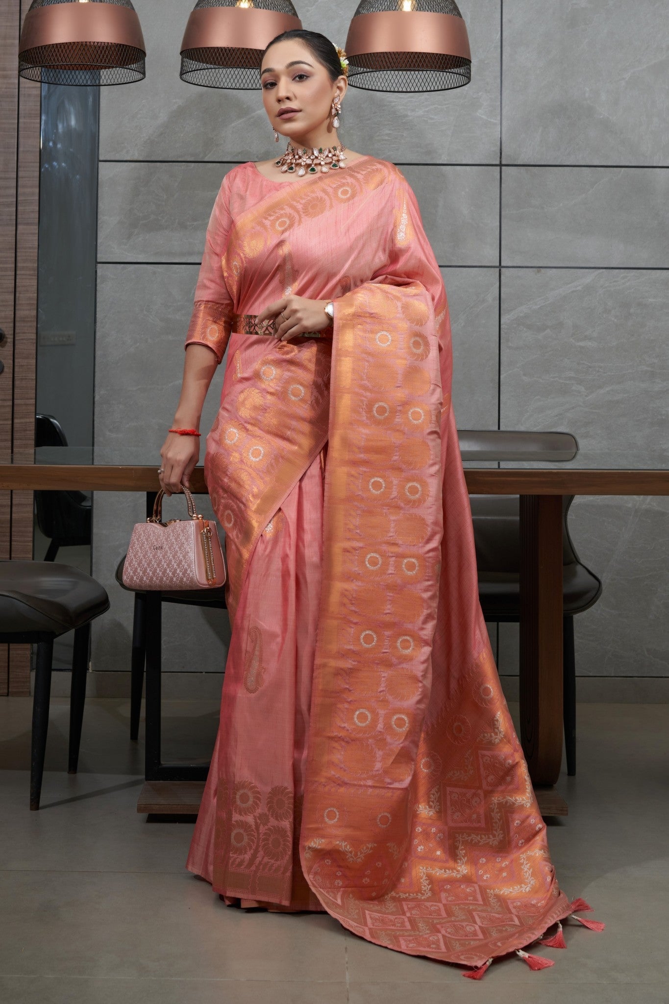 Buy MySilkLove Tonys Pink Copper Zari Woven Tussar Silk Saree Online