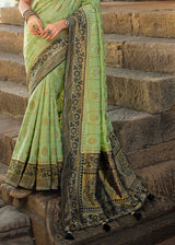 Green Smoke Designer Banarasi Silk Saree with Embroidered Blouse
