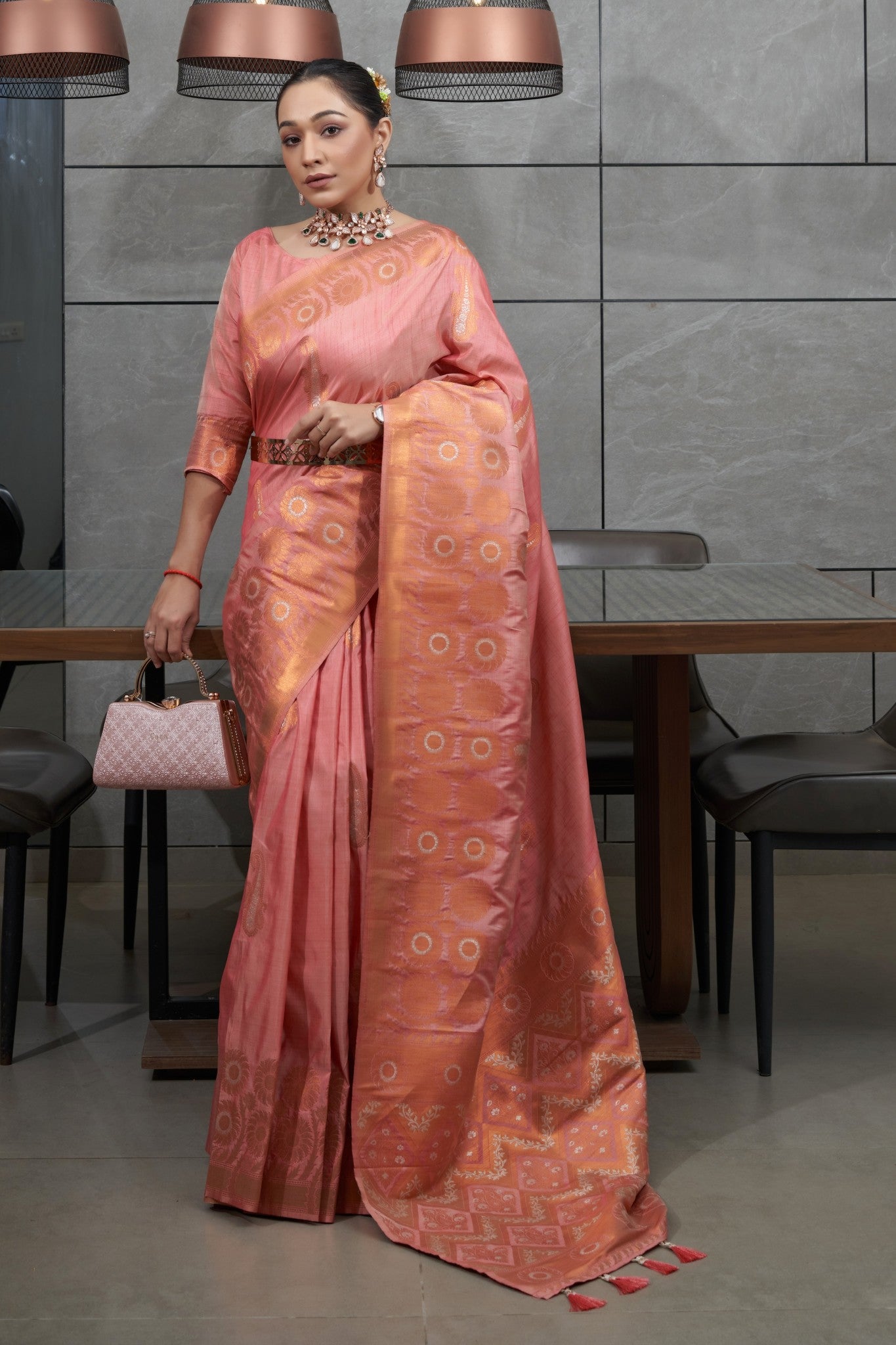 Buy MySilkLove Tonys Pink Copper Zari Woven Tussar Silk Saree Online