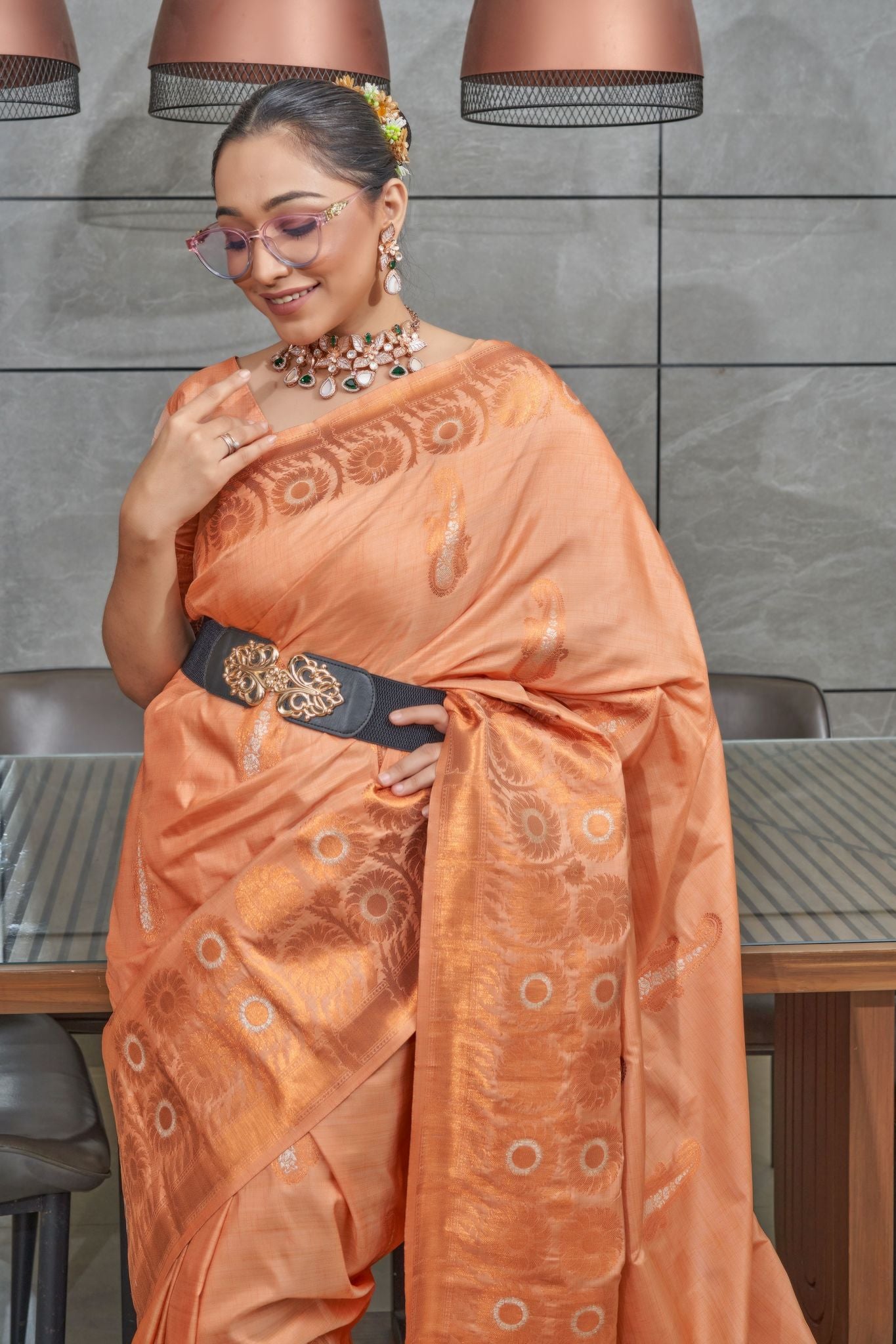 MySilkLove Flesh Orange Copper Zari Woven Tussar Silk Saree