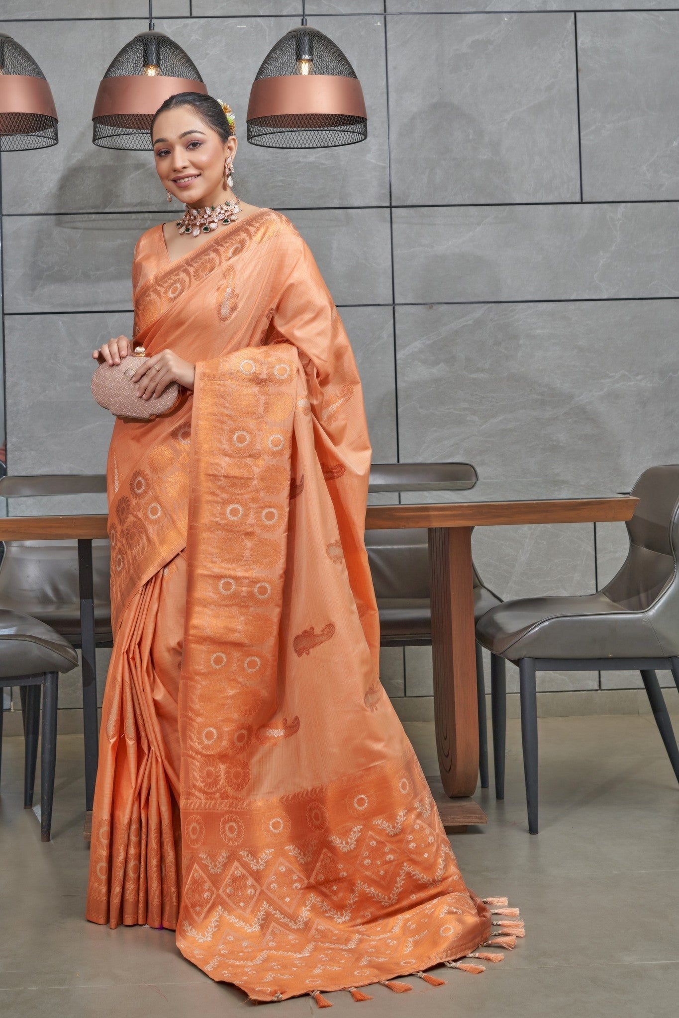 Buy MySilkLove Flesh Orange Copper Zari Woven Tussar Silk Saree Online