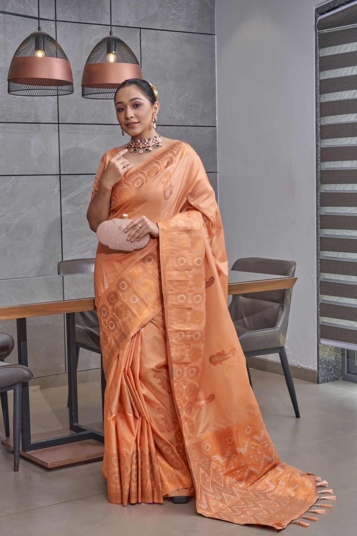 Buy MySilkLove Flesh Orange Copper Zari Woven Tussar Silk Saree Online