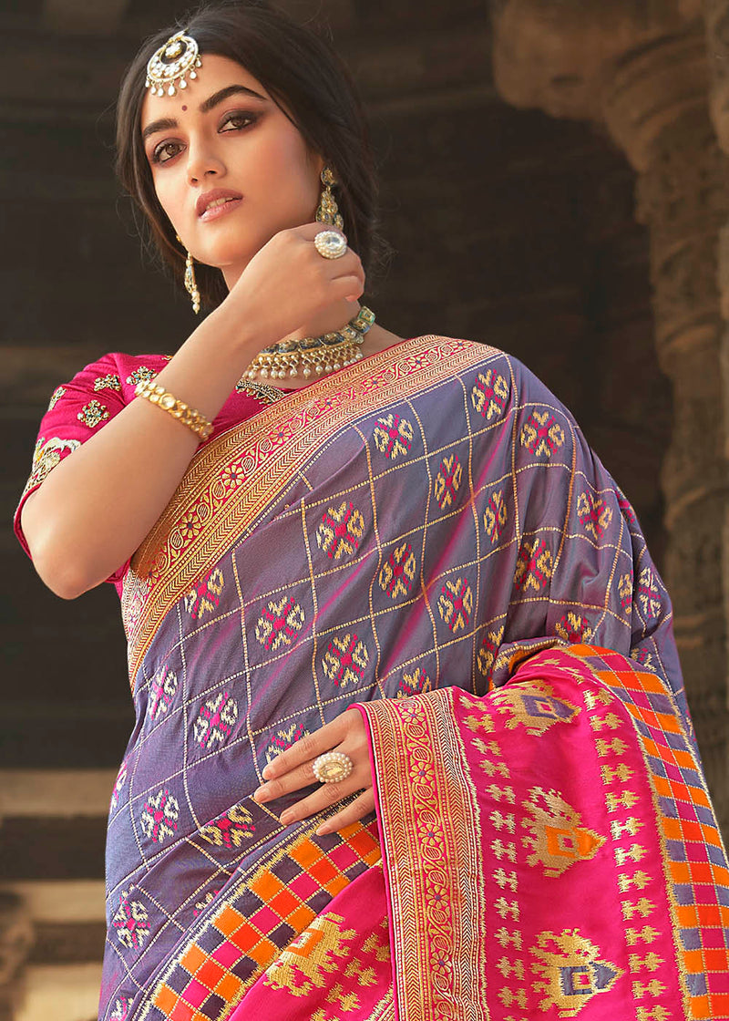 Dusty Purple and Pink Designer Banarasi Silk Saree with Embroidered Blouse