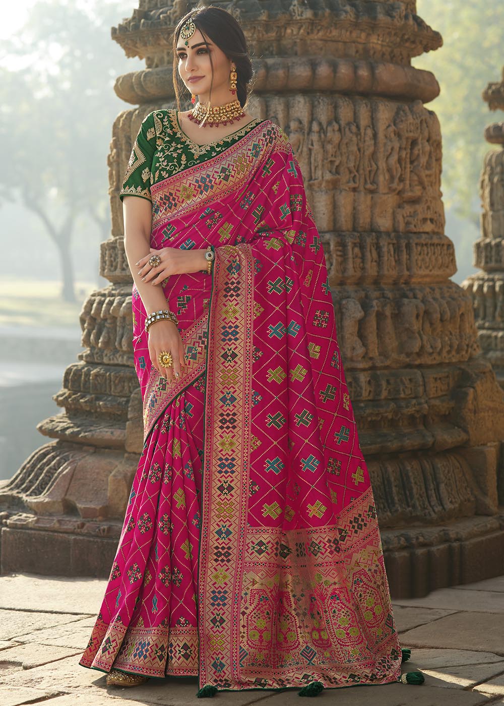 Buy MySilkLove Brink Pink and Green Designer Banarasi Silk Saree with Embroidered Blouse Online