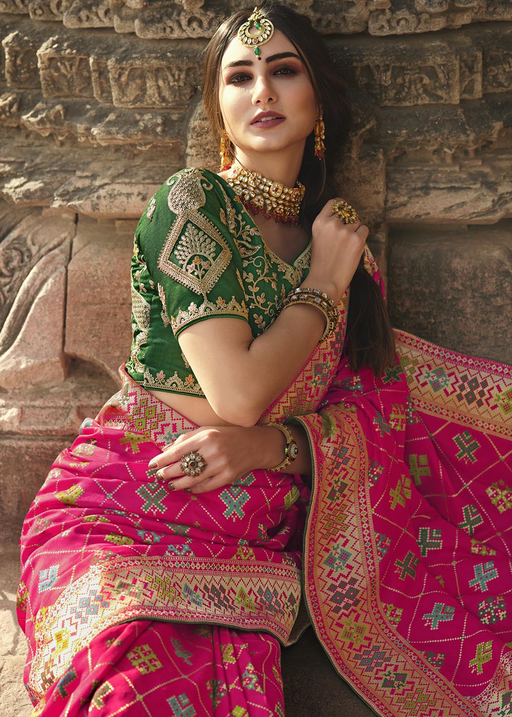 Buy MySilkLove Brink Pink and Green Designer Banarasi Silk Saree with Embroidered Blouse Online