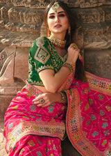 Brink Pink and Green Designer Banarasi Silk Saree with Embroidered Blouse