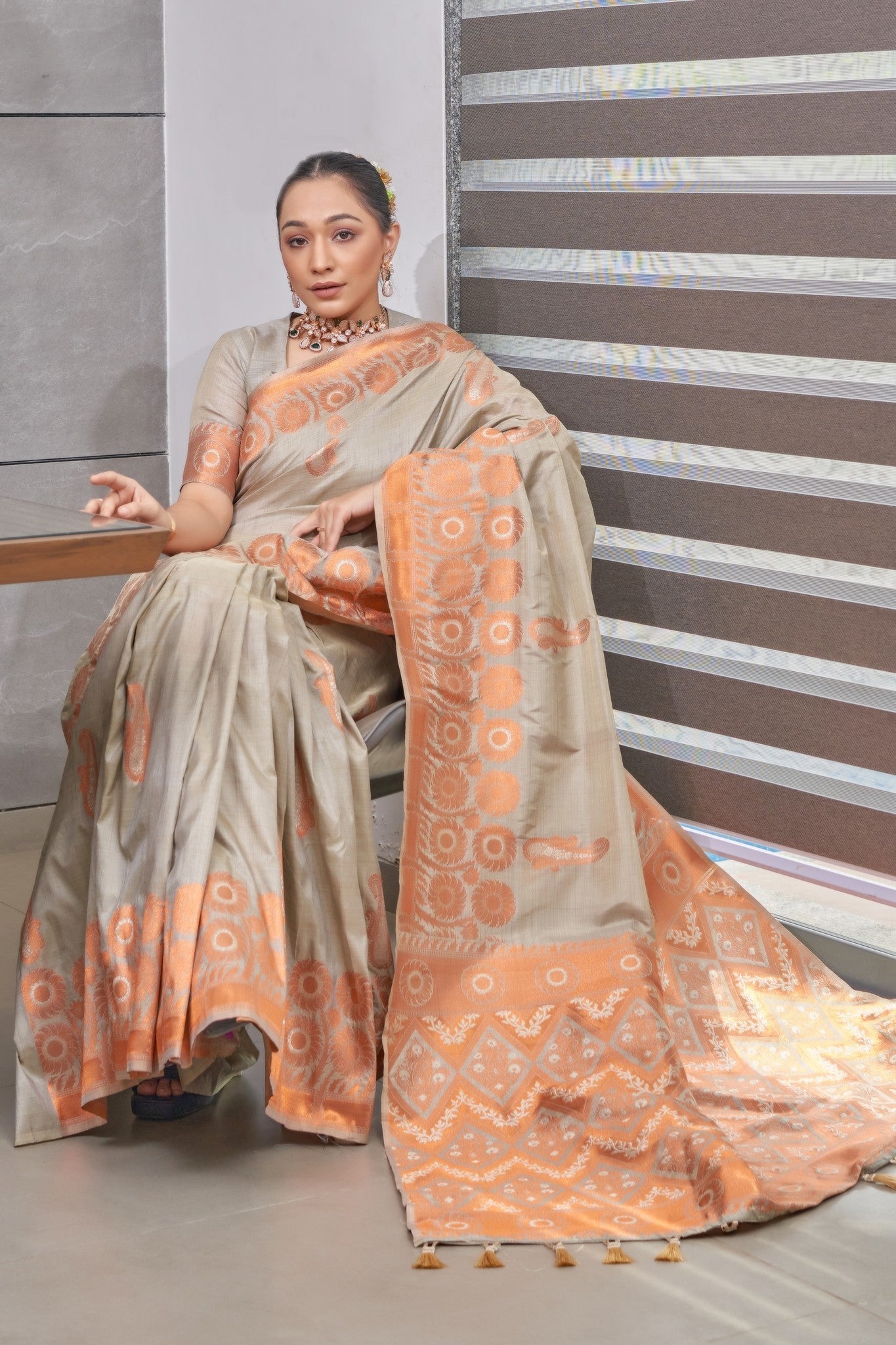 Buy MySilkLove Bronco Grey Copper Zari Woven Tussar Silk Saree Online