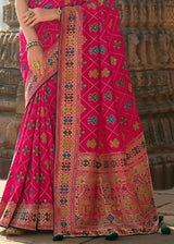 Brink Pink and Green Designer Banarasi Silk Saree with Embroidered Blouse
