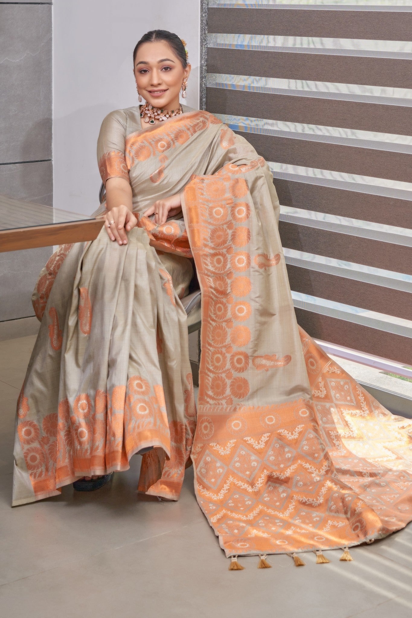 Buy MySilkLove Bronco Grey Copper Zari Woven Tussar Silk Saree Online