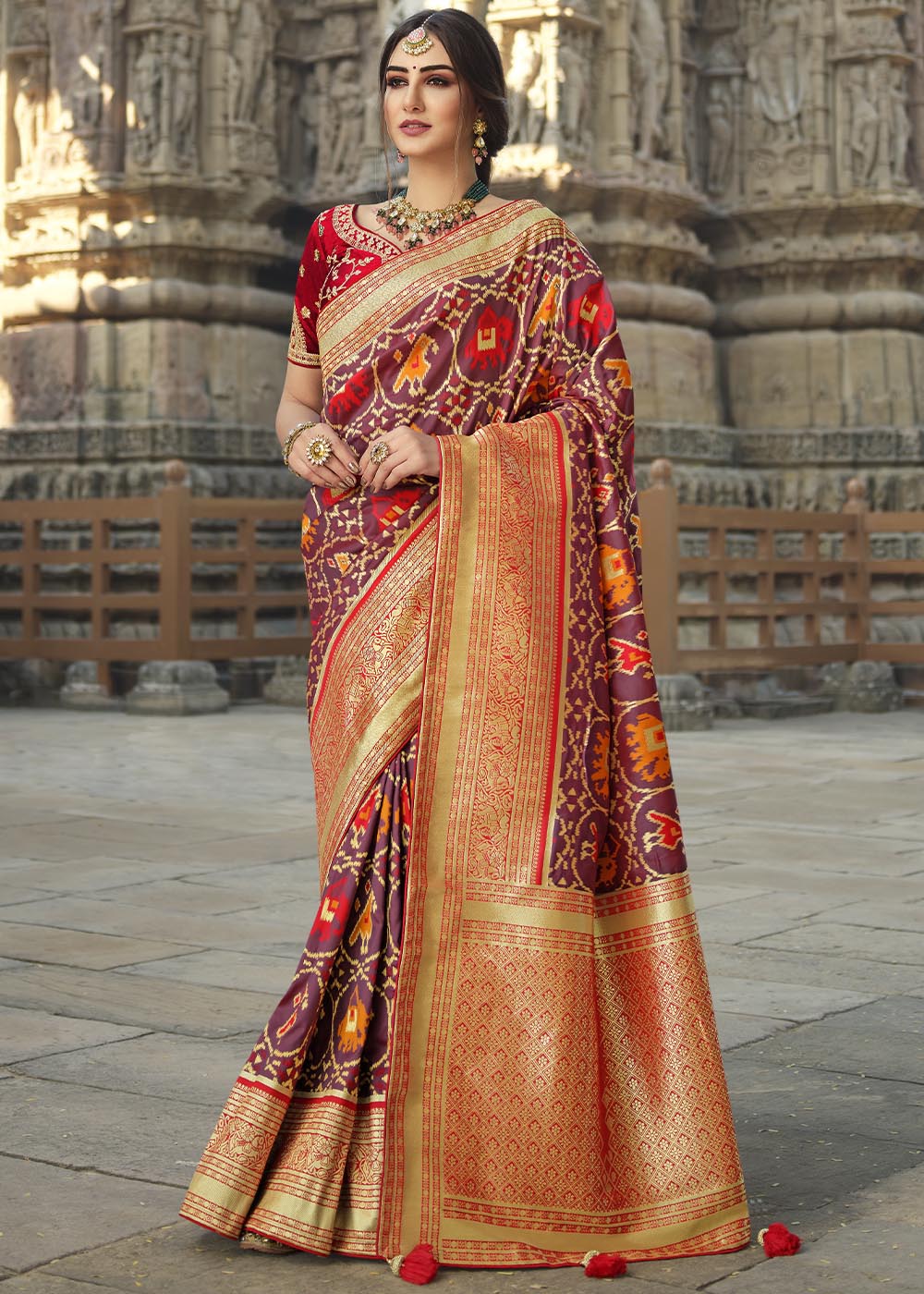 Buy MySilkLove Nutmeg Brown and Red Designer Banarasi Silk Saree with Embroidered Blouse Online