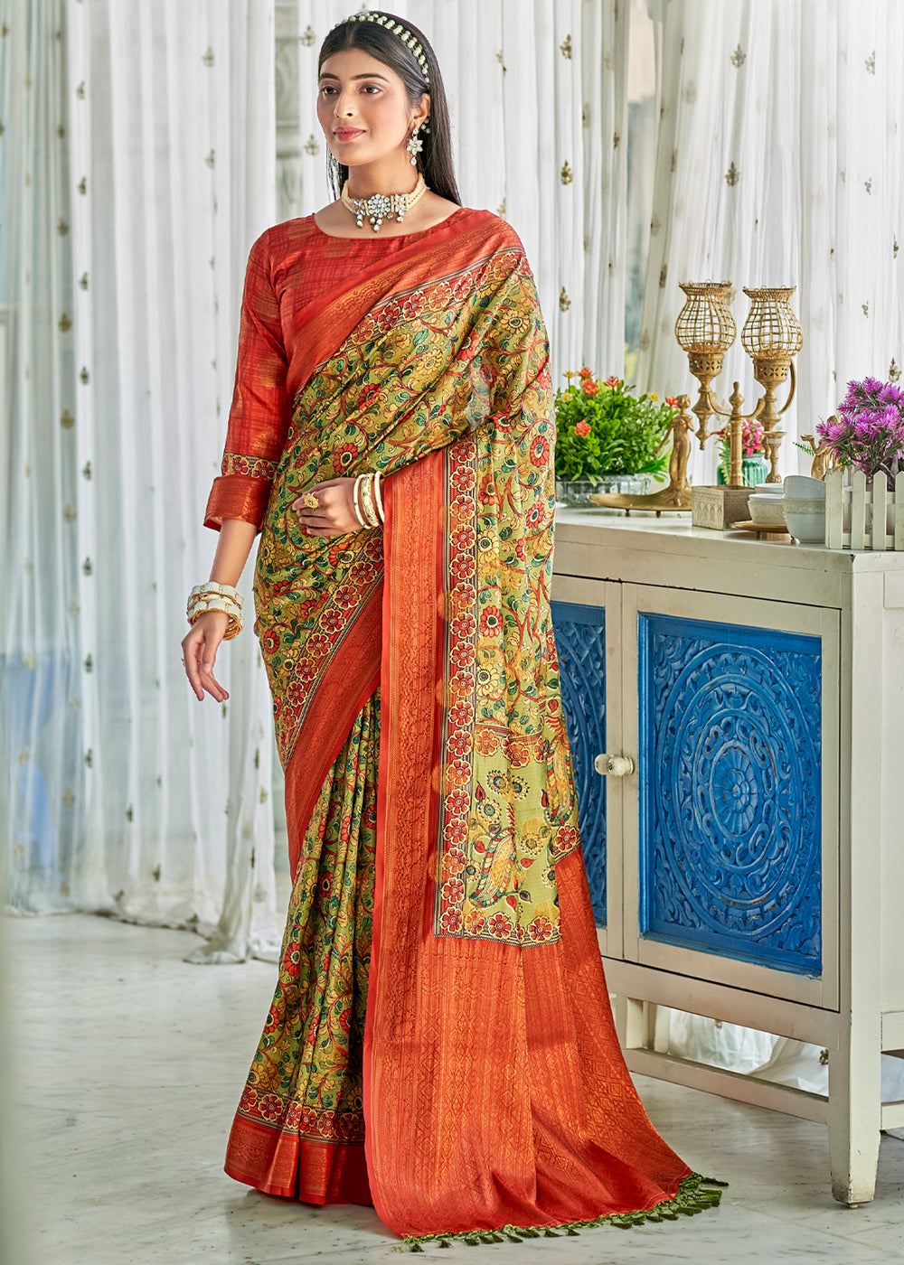 Buy MySilkLove Brick Red & Green Kalamkari Digital Printed Saree Online