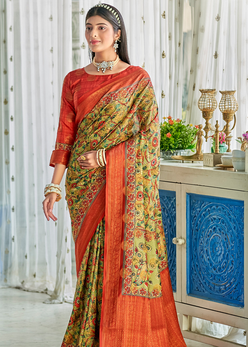 MySilkLove Brick Red & Green Kalamkari Digital Printed Saree