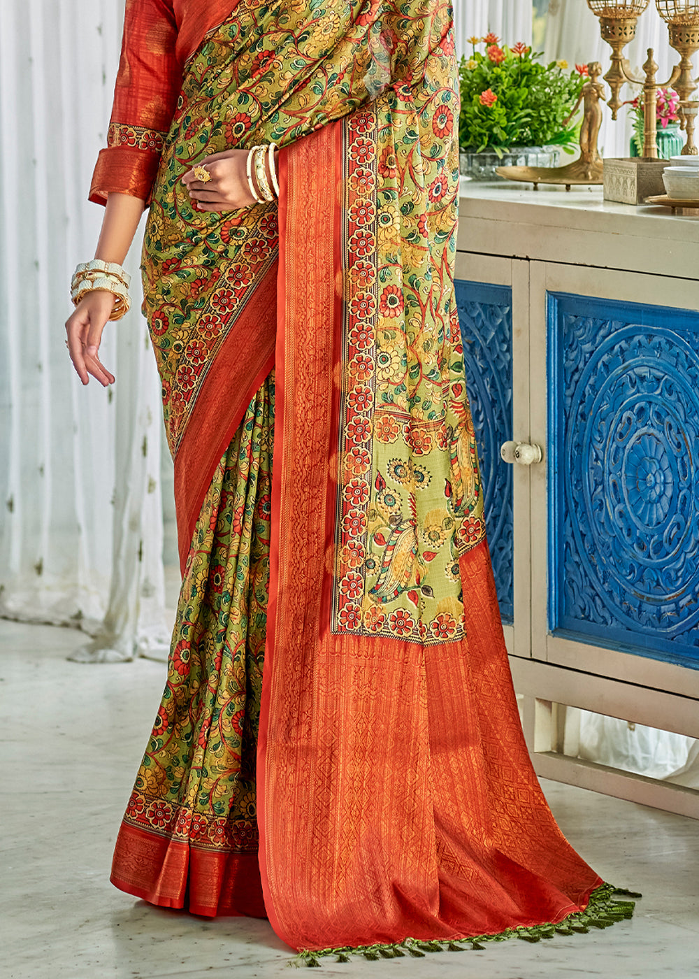 Buy MySilkLove Brick Red & Green Kalamkari Digital Printed Saree Online