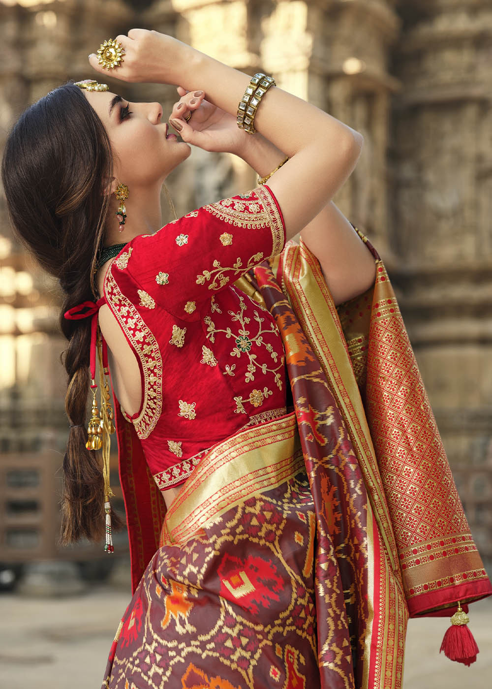 Buy MySilkLove Nutmeg Brown and Red Designer Banarasi Silk Saree with Embroidered Blouse Online