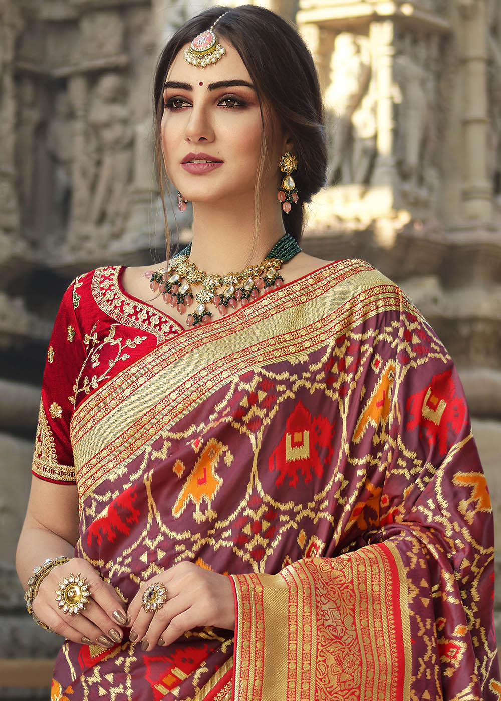 Buy MySilkLove Nutmeg Brown and Red Designer Banarasi Silk Saree with Embroidered Blouse Online