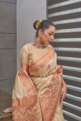 Sapling Cream Copper Zari Woven Tussar Silk Saree