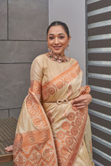 Sapling Cream Copper Zari Woven Tussar Silk Saree