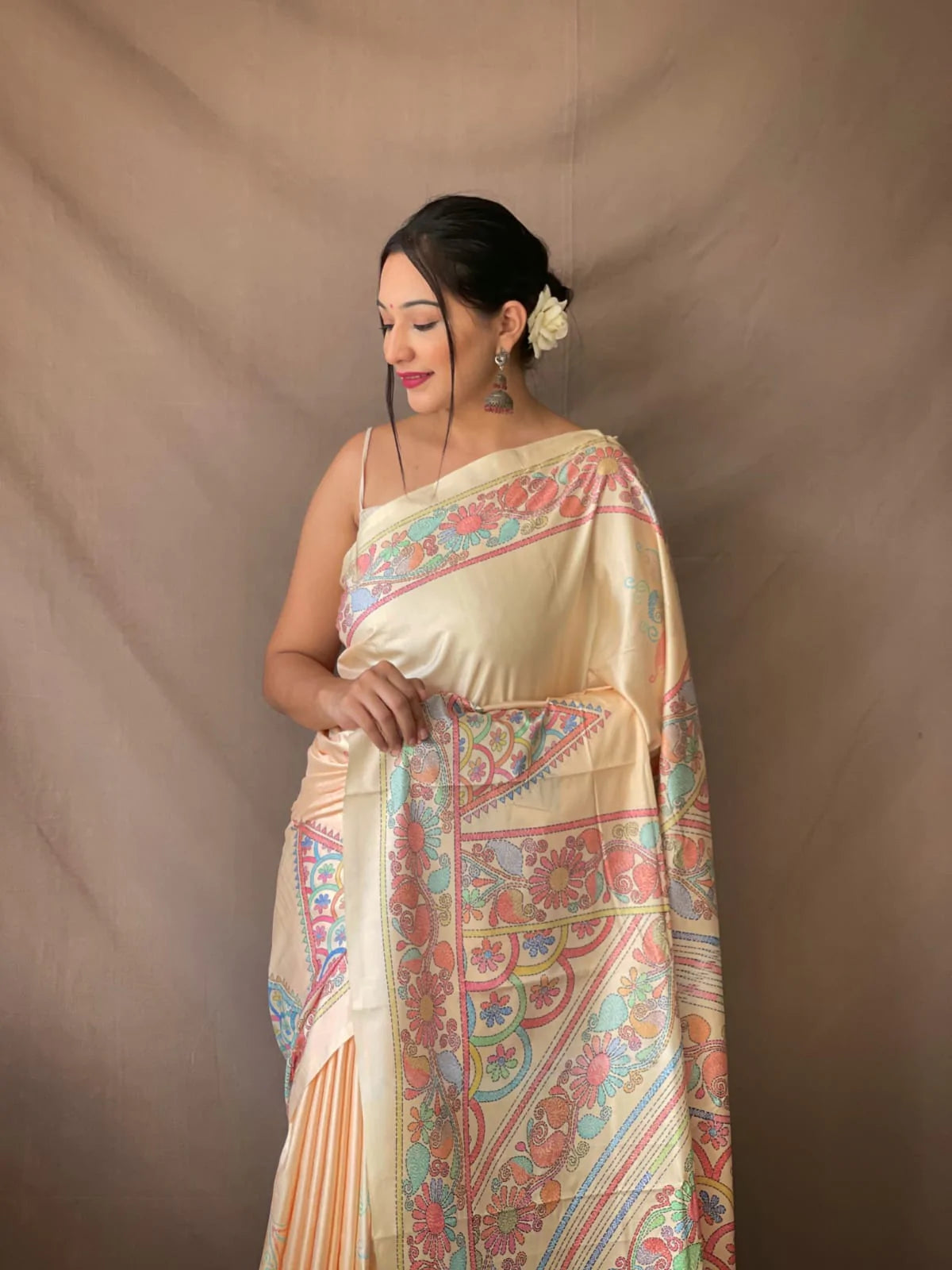 Buy MySilkLove Caper Cream Kalamkari Printed Saree Online