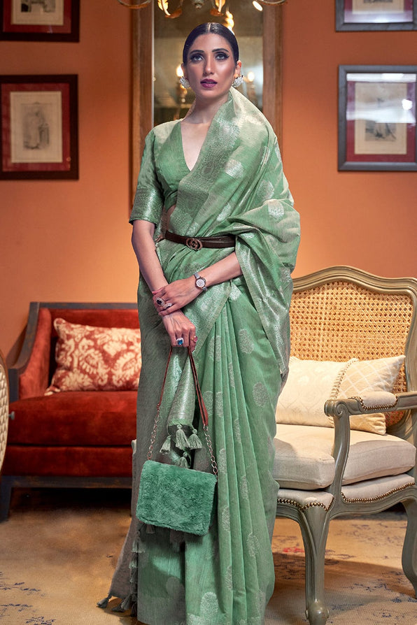 Buy MySilkLove Bay Leaf Green Zari Woven Linen Saree Online