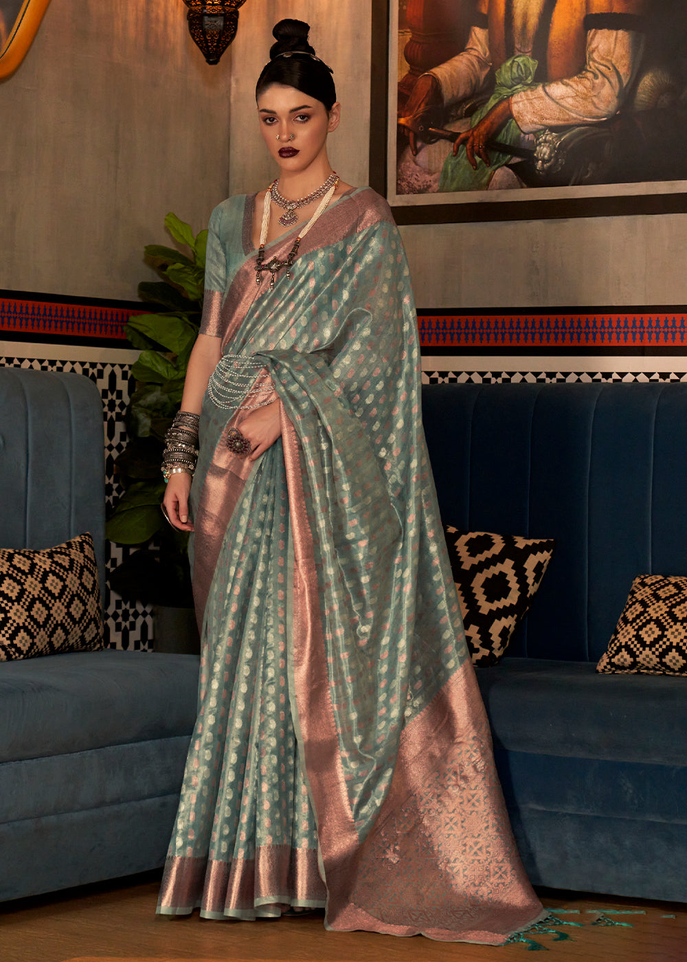 Buy MySilkLove Kokoda Green Zari Woven Tissue Saree Online